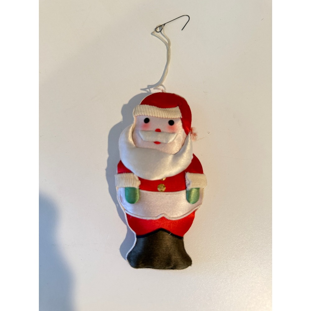 Vintage Padded Satin Santa Claus Christmas Ornament Red White Green Retro MCM